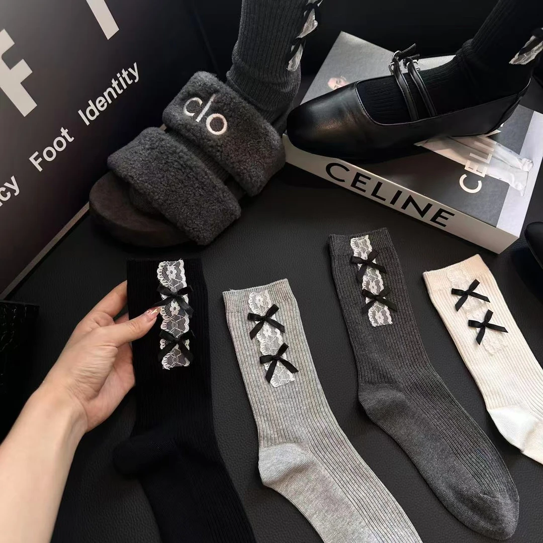 FFI(4双)秋冬蕾丝花边饰品袜搭配玛丽珍乐福鞋纯欲仙女中筒堆堆袜