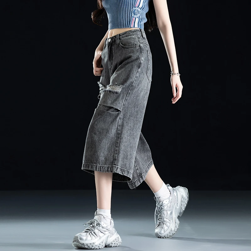 黑色复古八分裤夏季七分牛仔裤女款爆款2025新款破洞设计感阔腿裤