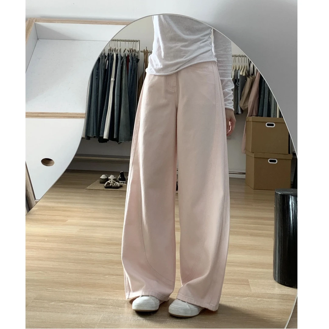 美式复古粉色弯刀牛仔裤女春夏2025新款设计感小众宽松减龄阔腿裤