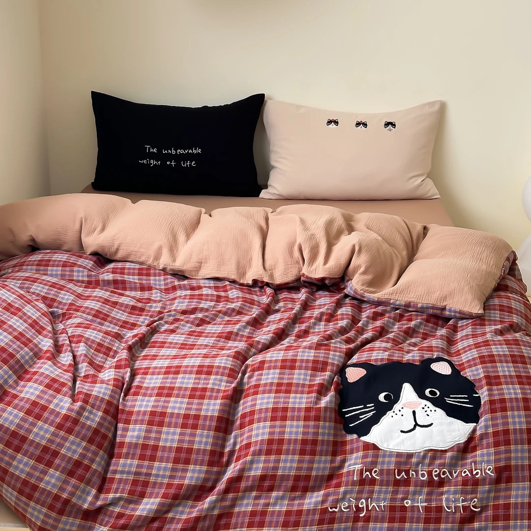 猫肥家润 高紧密双层皱皱纱布刺绣四件套 柔软透气纯棉卡通床品