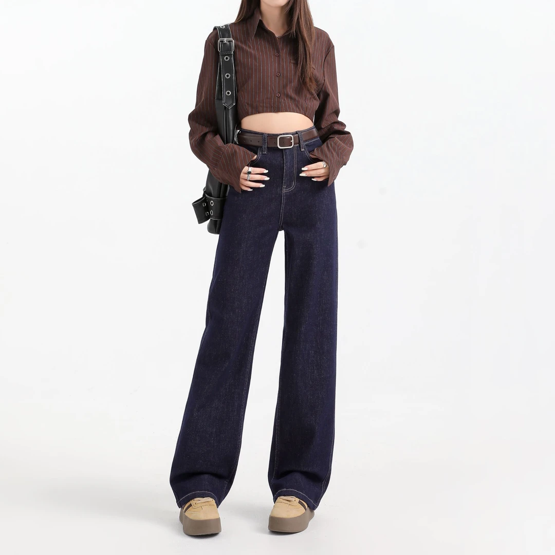 丹宁色直筒牛仔裤女2025新款秋冬深色高腰小个子窄版通勤阔腿裤子