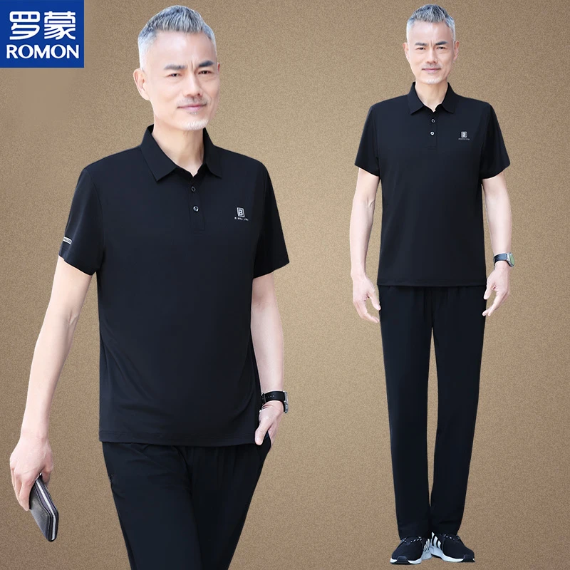 罗蒙夏季新款60-70岁爸爸装冰丝短袖t恤套装休闲中老年男士两件套