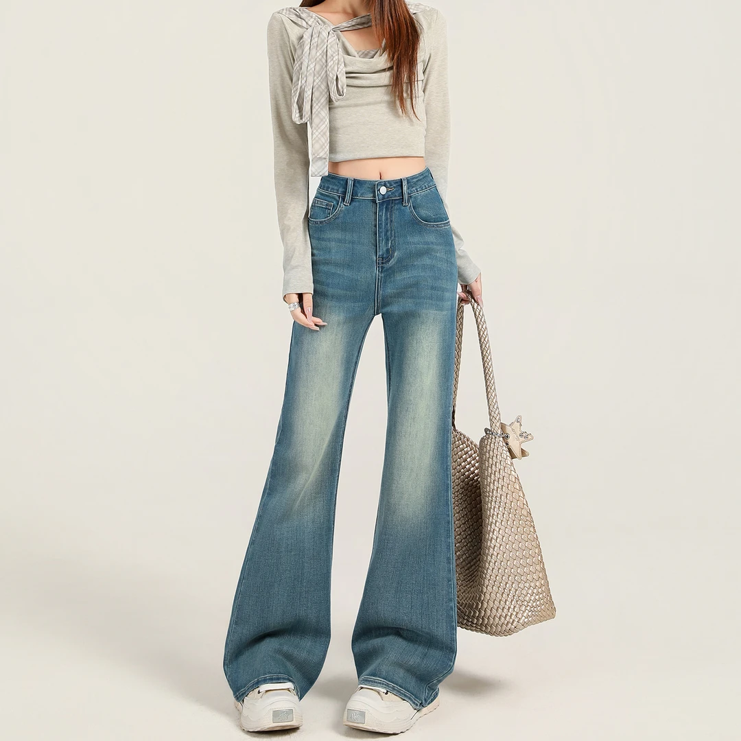 复古微喇牛仔裤女2025冬季新款高腰宽松弹力显瘦小个子百搭大码