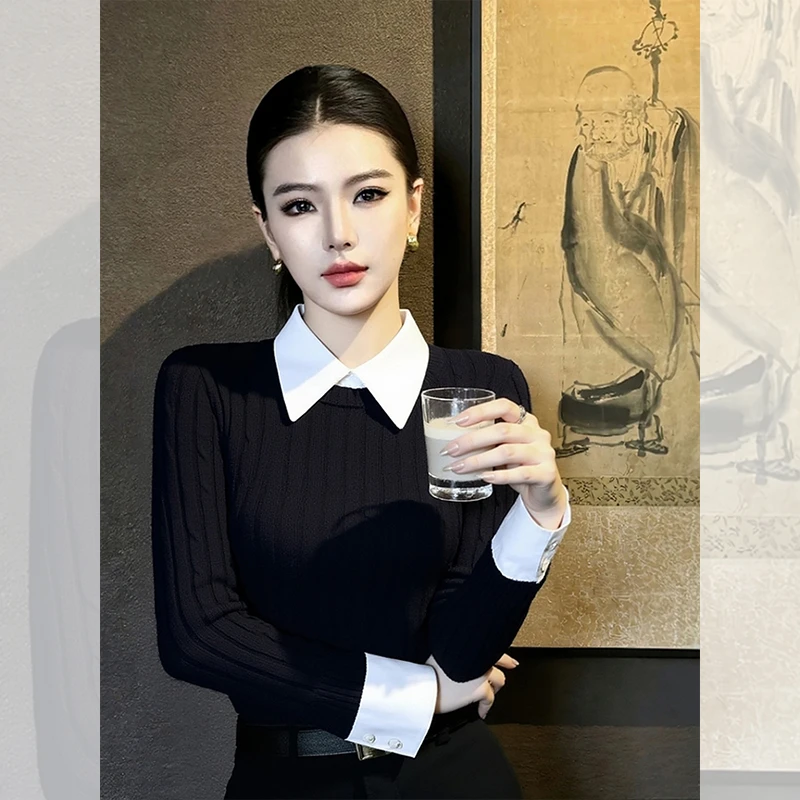 洋气时髦气质高贵女装秋冬休闲外穿黑色假两件拼接西装领针织小衫
