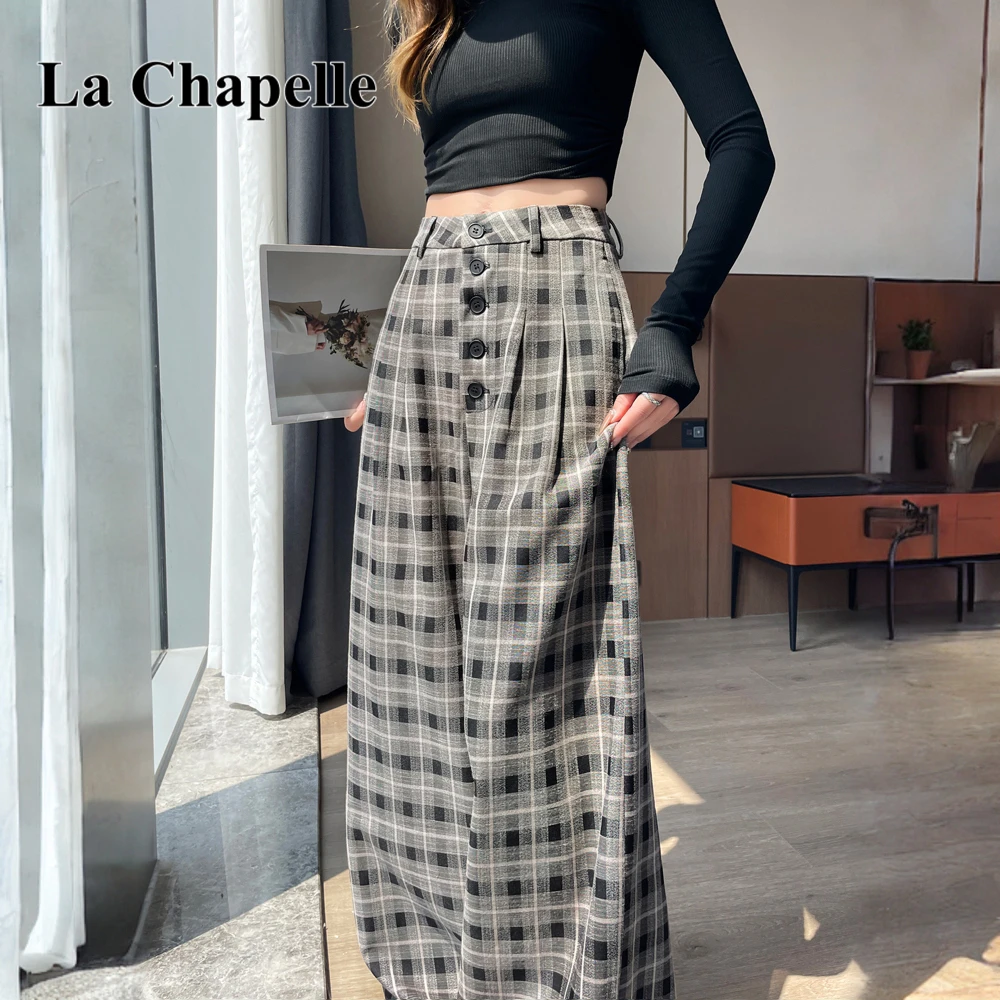 拉夏贝尔复古格子阔腿裤女赵露思同款韩系慵懒显瘦格纹休闲拖地裤