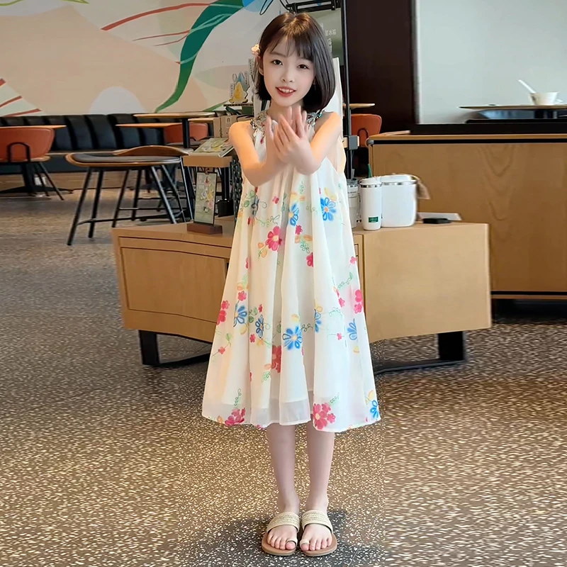 女童夏季超仙连衣裙3-15岁碎花国风挂脖背心裙子儿童装度假公主裙