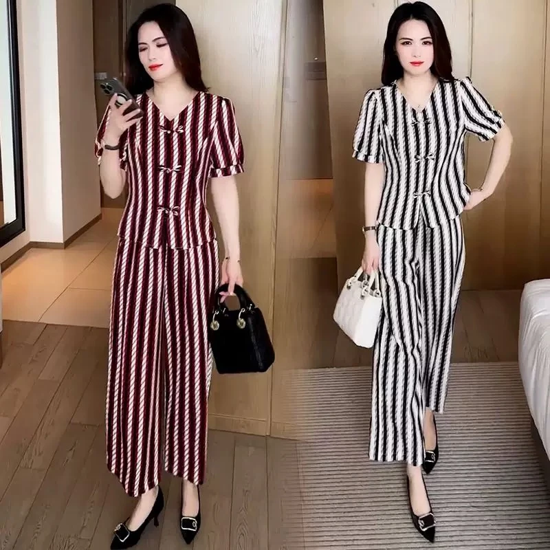 【衣雅严选】8090-1733#夏季新款冰雪丝条纹套装上衣加裤子两件套