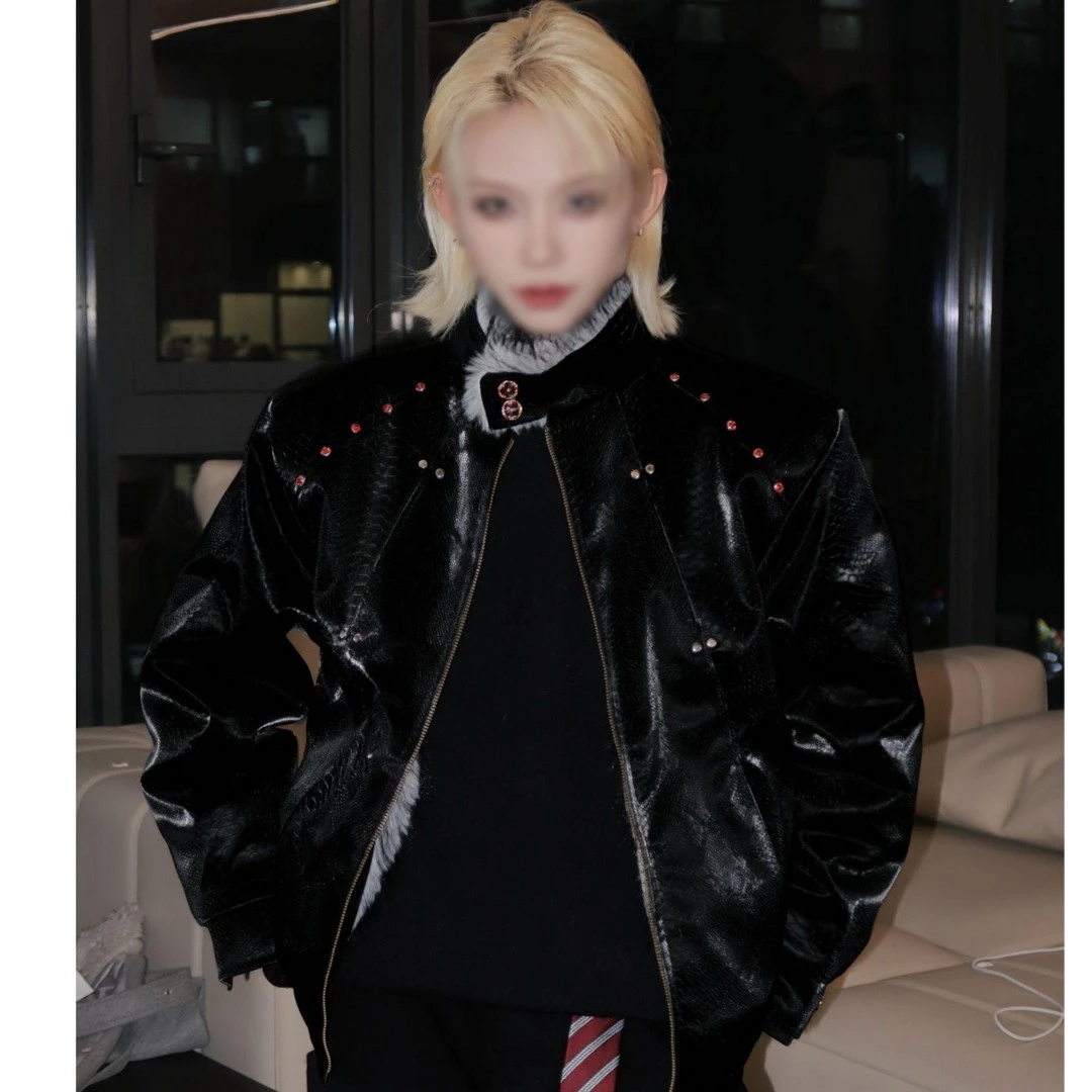 红宝石装饰座山雕ins保暖潮流棉服小众立领痞帅男女皮夹克秋冬新