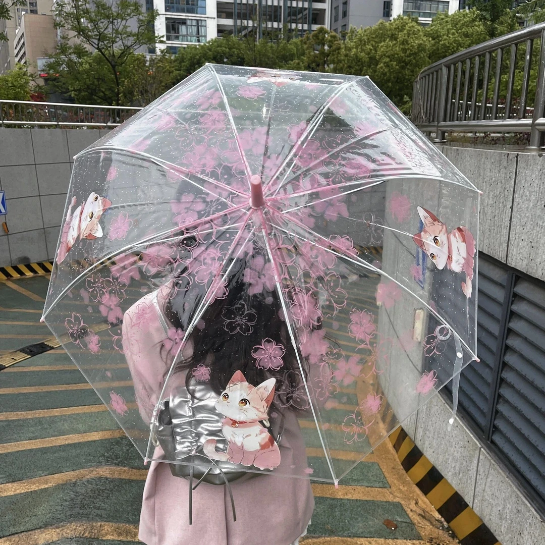 樱花猫咪雨伞学生上学专用透明折叠伞加大加厚小巧便携女生高颜值