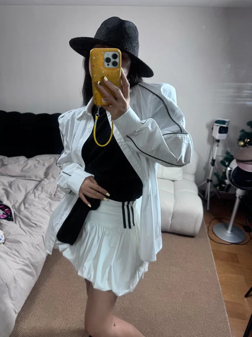 吉吉【青春绽放】新款设计感弧形袖条纹宽松翻领衬衣#2536 C76