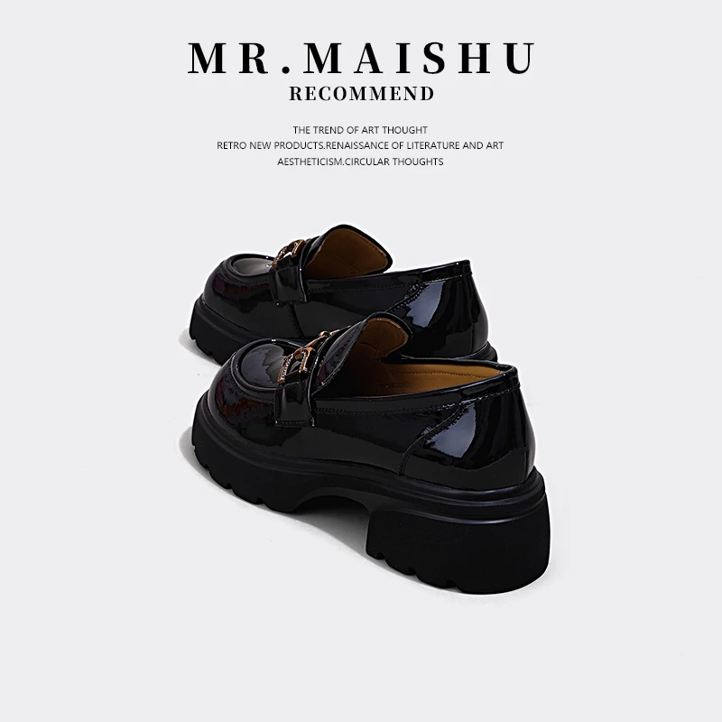 MR.MAISHU~真皮厚底小皮鞋女春夏百搭头层牛皮黑色单鞋增高乐福鞋