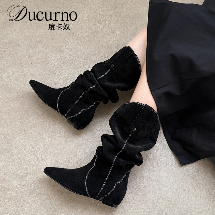 慵懒氛围感！磨砂牛皮V口内增高长筒靴女美拉德休闲堆堆靴西部靴子