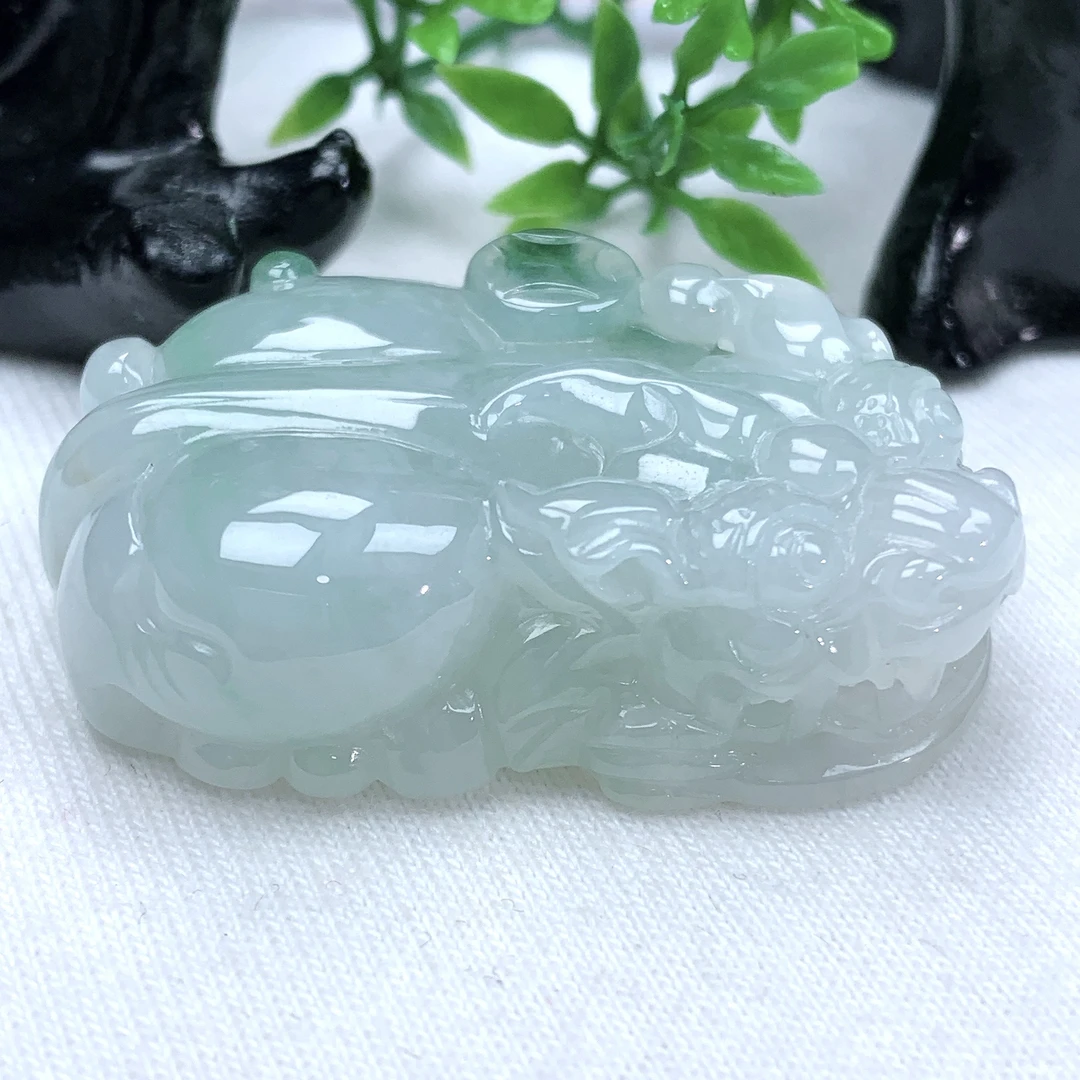天然缅甸翡翠A货冰润飘花金钱貔貅吊坠挂件42.2−26.2−12.4mm