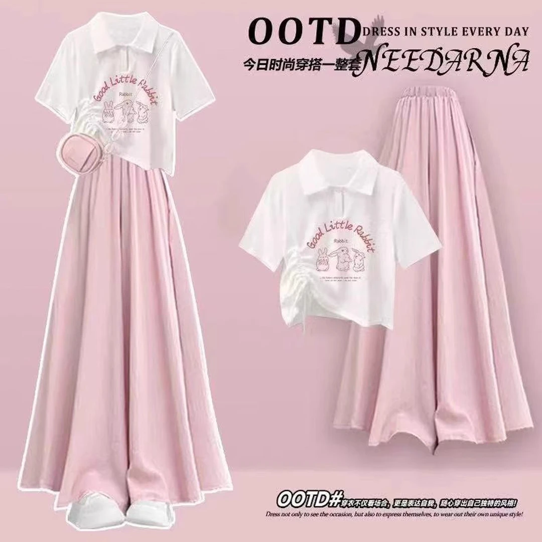 10-18岁夏季中大童少女套装初中高中学生洋气上衣阔腿裤裙两件套