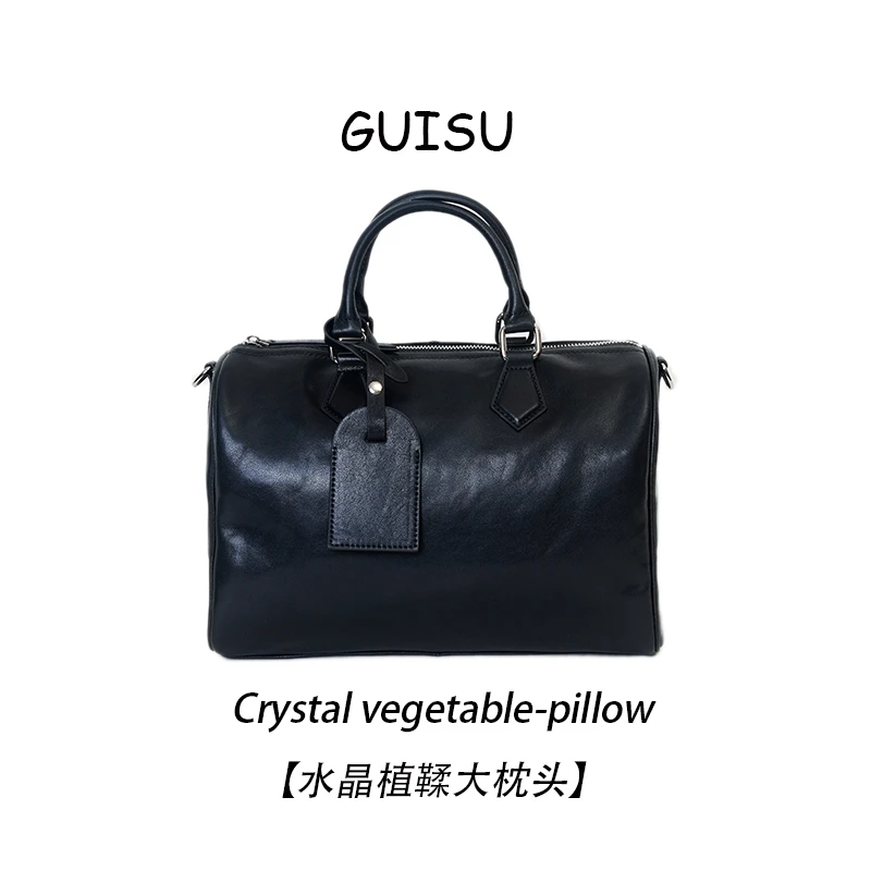 【闺宿】水晶植鞣头层牛皮复古单肩斜挎小众简约大波士顿枕头包2505