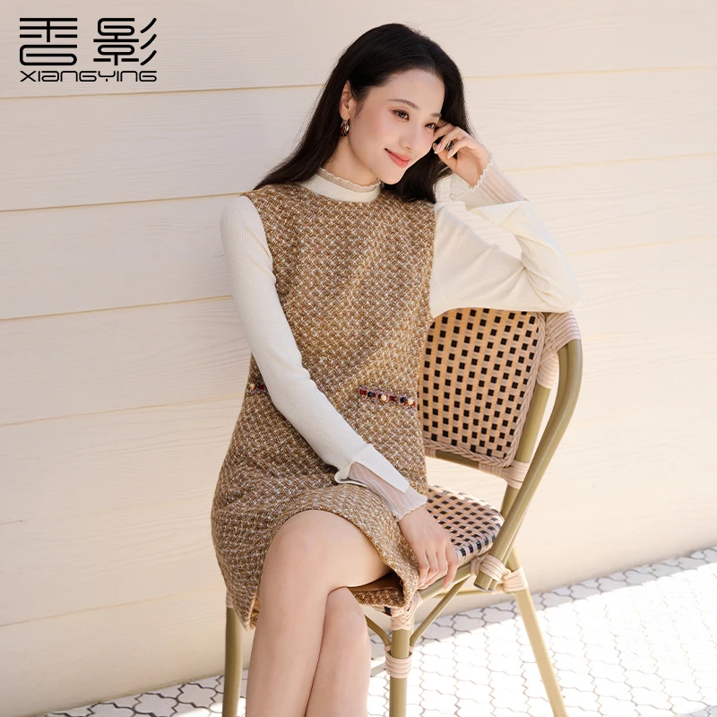 L85W889连衣裙 香影小香风无袖连衣裙女冬季新款含羊毛气质圆领毛