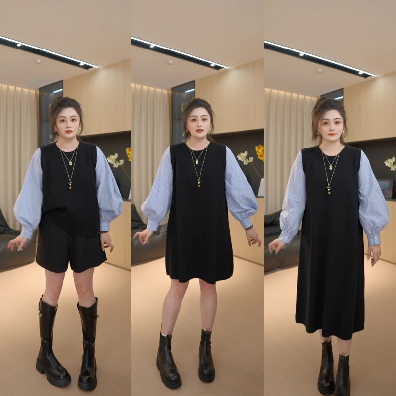 【胖佳佳】行至江南 春季时尚条纹撞色拼接圆领毛衣裙H625Z00555