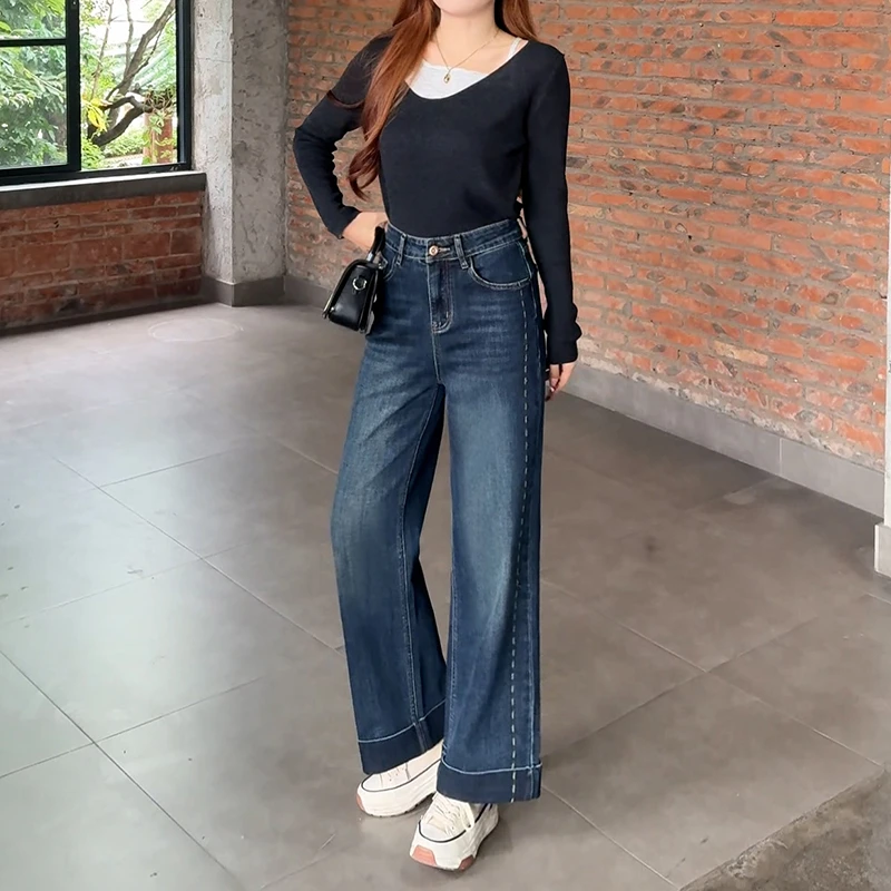 美思源九分直筒牛仔裤女2025新款秋季高腰复古设计感小个子阔腿裤