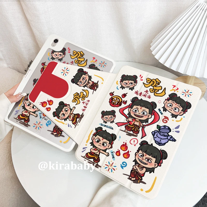 【三折旋转亚克力】卡通哪吒苹果ipad平板保护套air6华为小米硬全包