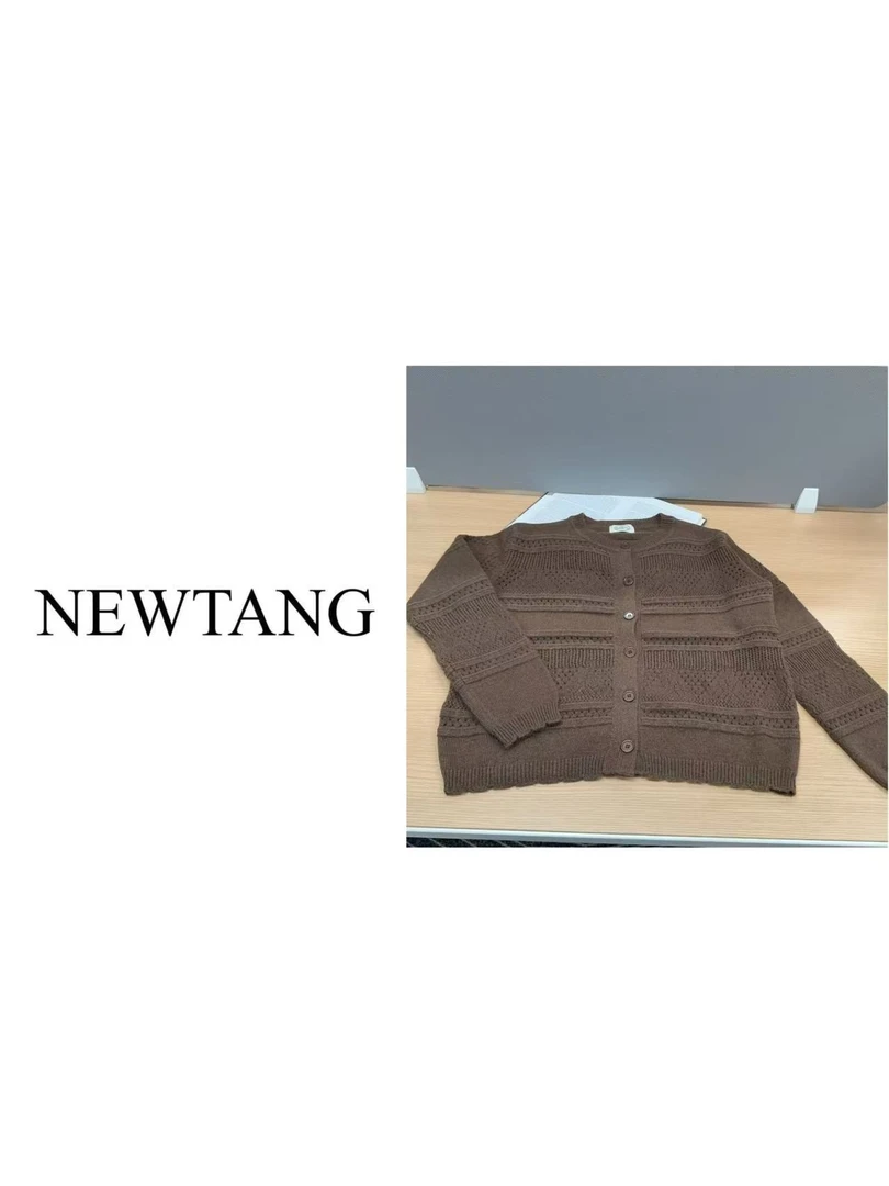 【慵懒假日】206秋冬新款镂空花纹毛衣女单排扣宽松长袖