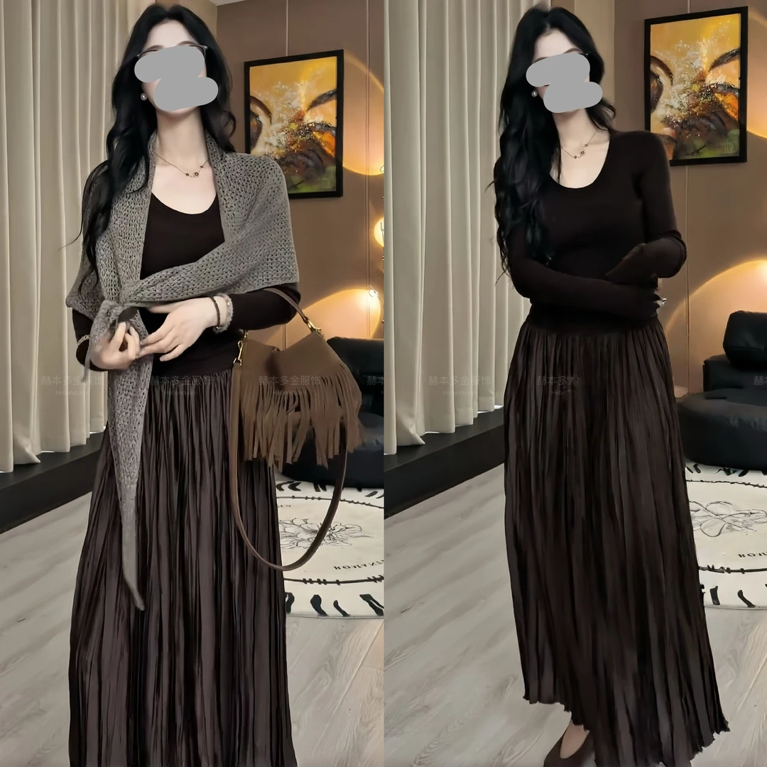 2025早秋新款百搭简约长袖打底上衣时尚开衫气质舒适半身裙套装女