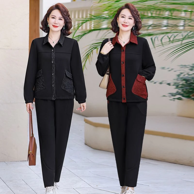 妈妈装春季时尚外套大码显瘦套装中老年女春秋洋气宽松休闲两件套