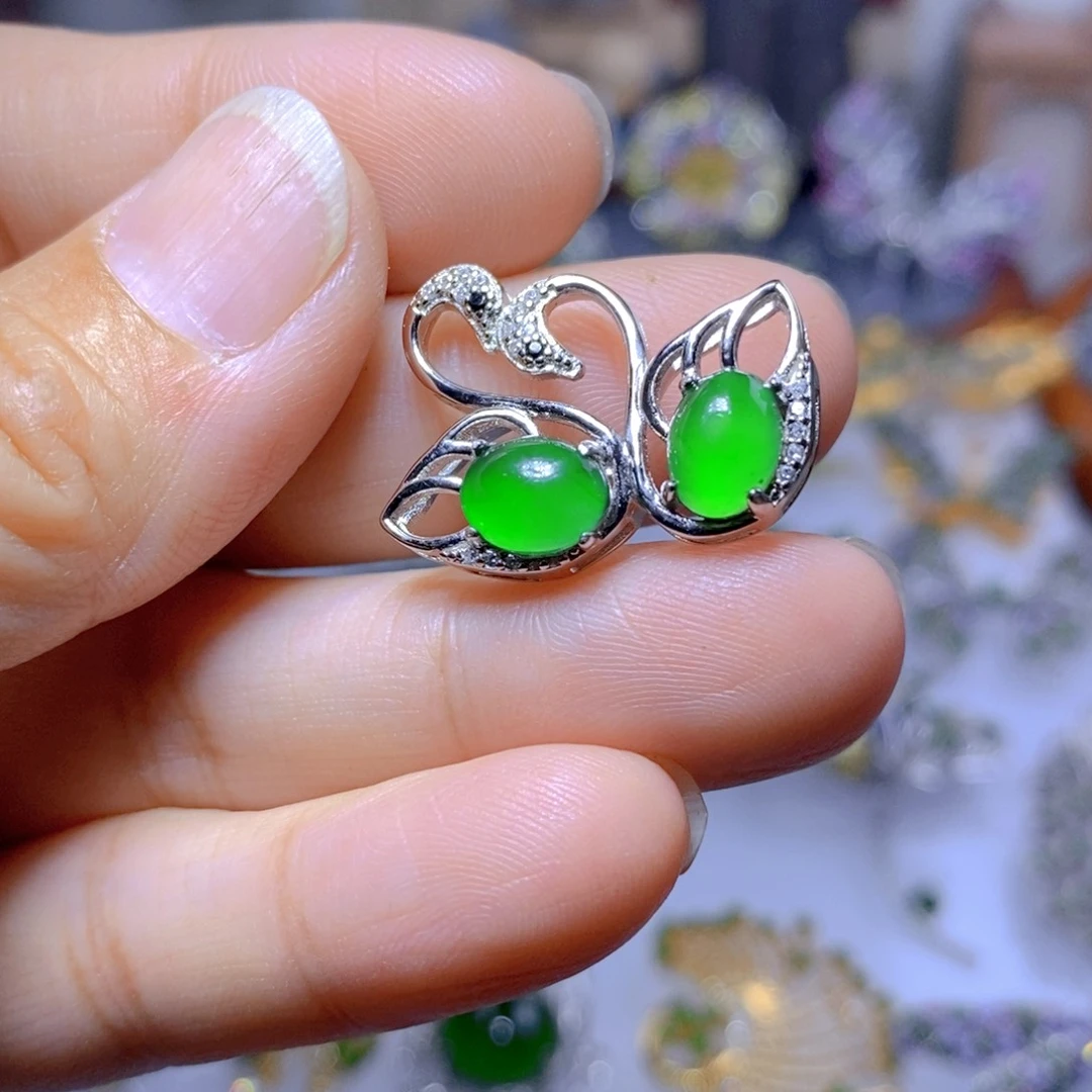 翡翠耳钉银S925镶嵌天然翡翠
