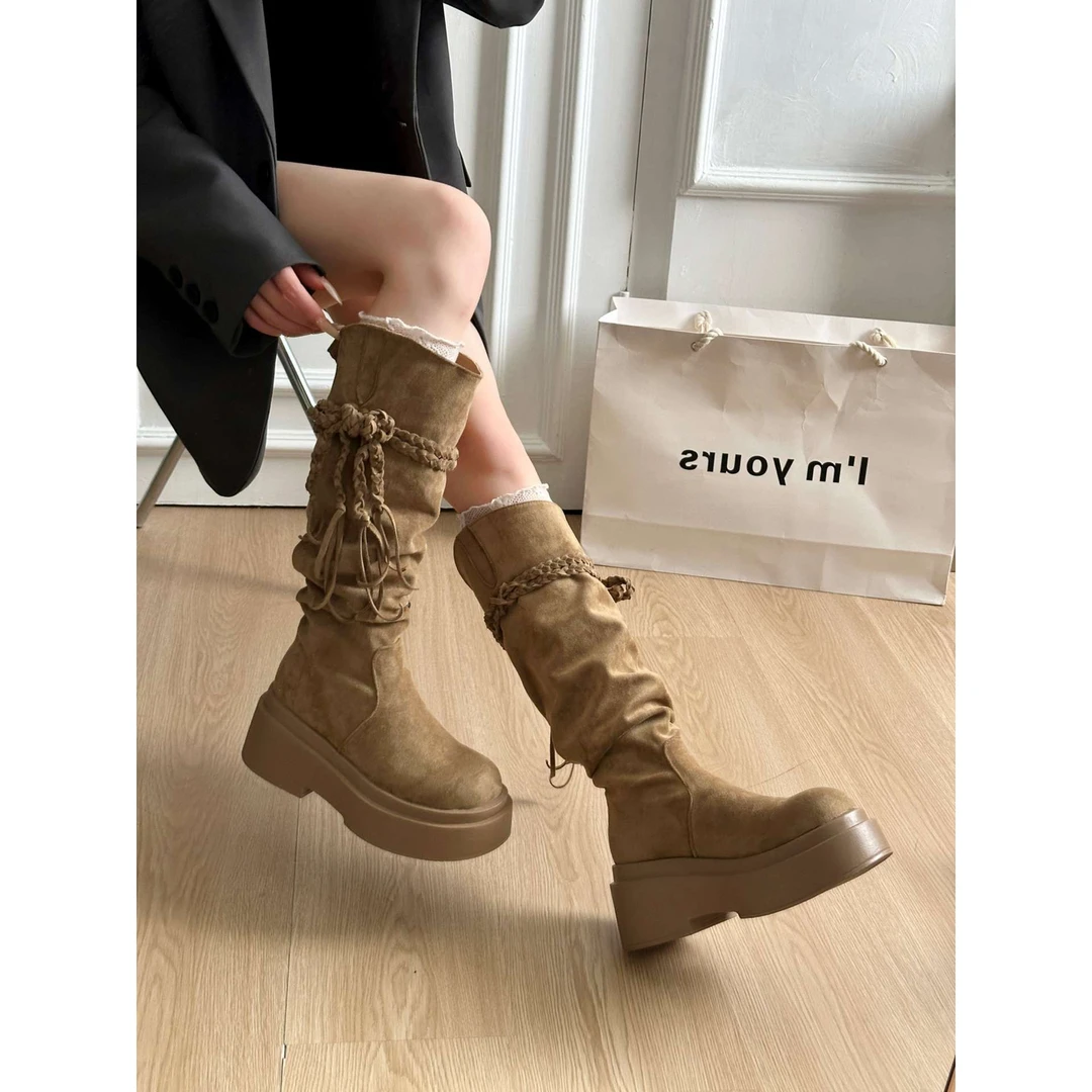 卡其复古不过膝厚底靴子女长筒靴2025新款秋冬小个子增高骑士长靴