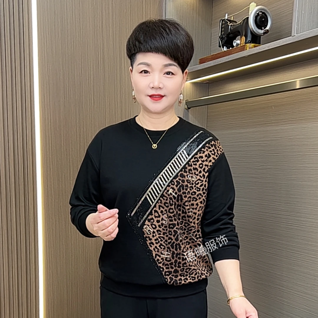 宽松型休闲风时尚长袖中老年女装常规款豹纹拼接上衣F803