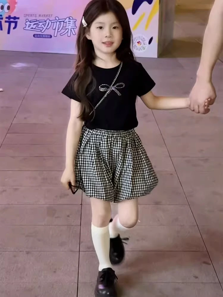 女童夏装套装中大童女孩夏装洋气亮钻短袖韩版儿童花苞裤裙两件套