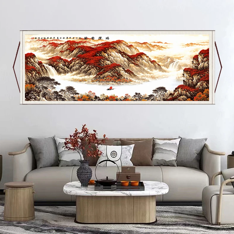 《鸿运当头迎百福》新中式大气背景墙横幅挂画国风山水靠山装饰画S1