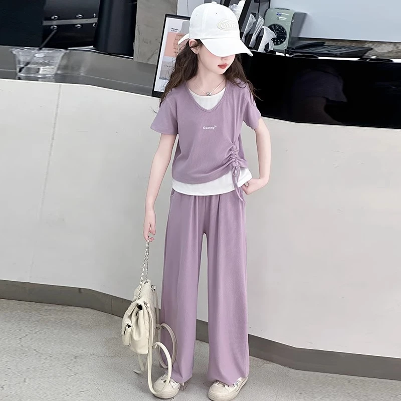 女童夏季短袖夏天套装新款女孩大童假两件T恤儿童夏装冰丝阔腿裤