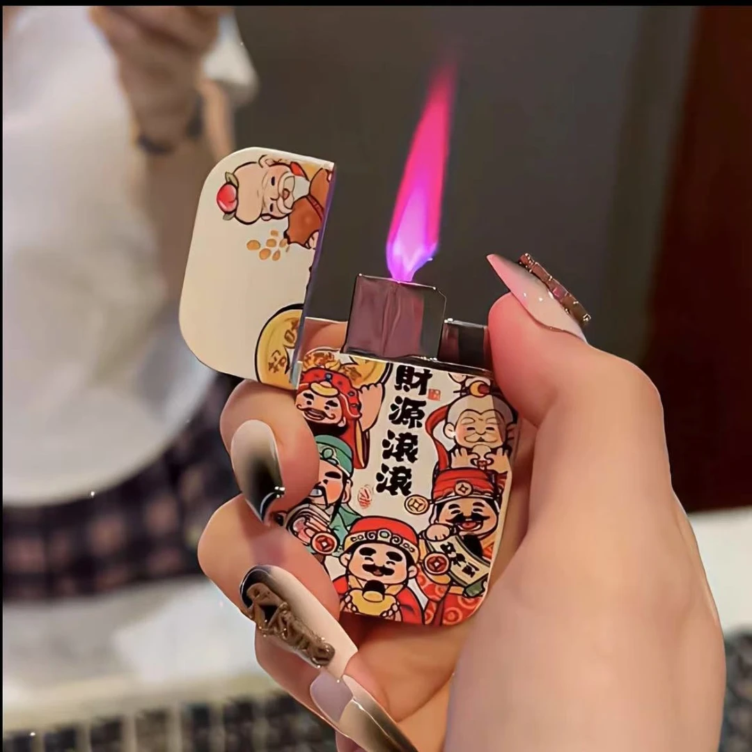2025新年发财卡通财神爷防风金属打火机粉色火焰高颜值送男友闺蜜