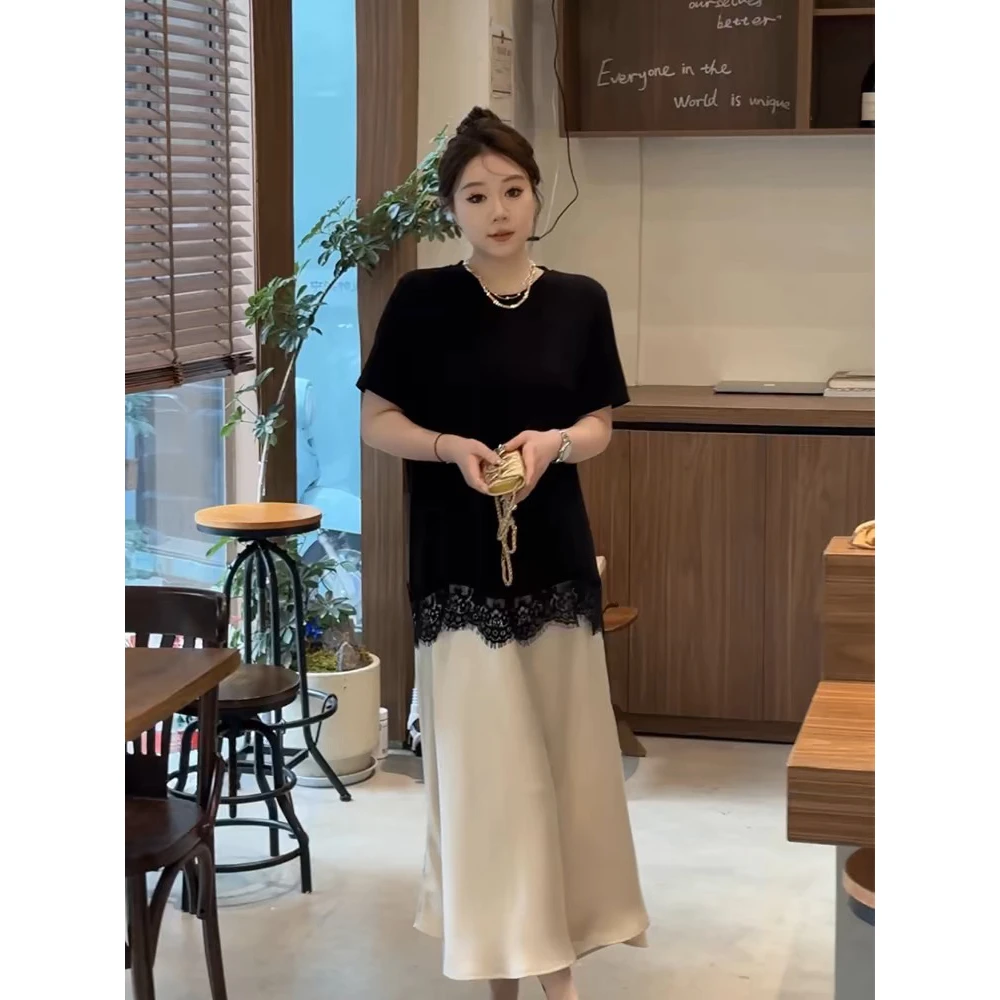 大码夏季蕾丝拼接设计感气质连衣裙女胖mm时尚宽松显瘦高级感裙子