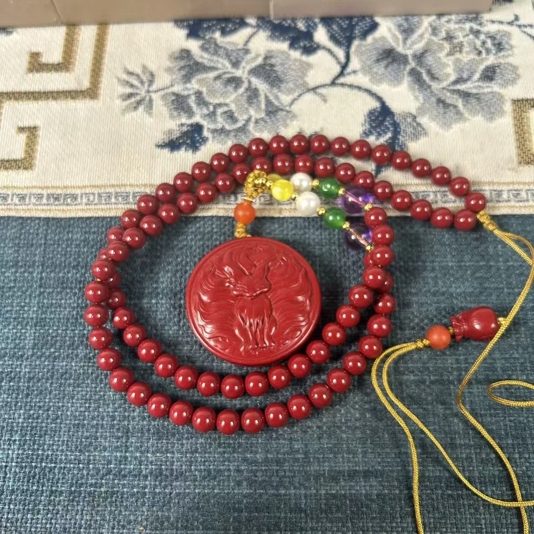 含辰砂工艺品精美设计圆牌九尾狐搭配珠链可调节项链