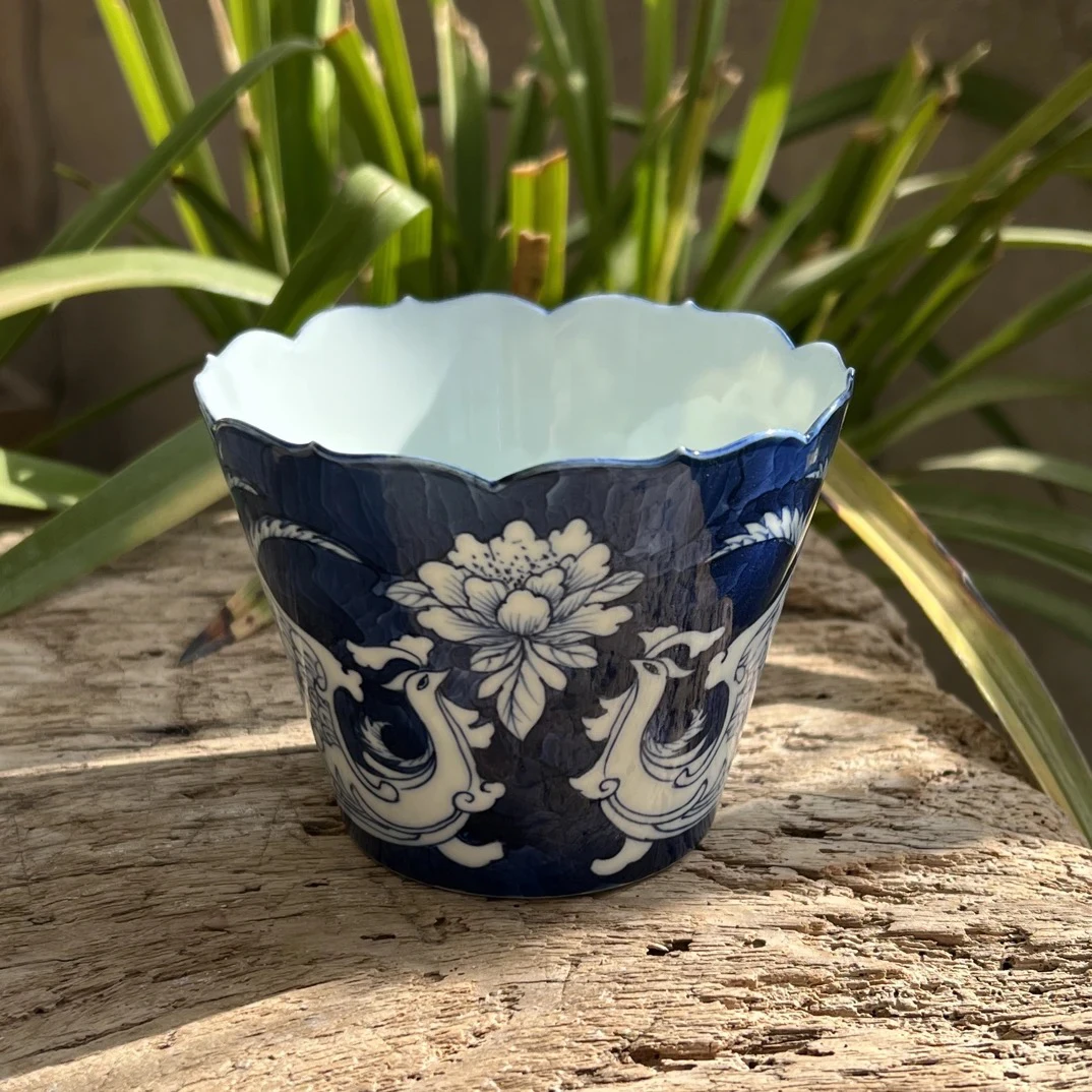 【若玉古美】凤戏牡丹花口手握杯仿古泥手工手绘釉下彩高温瓷