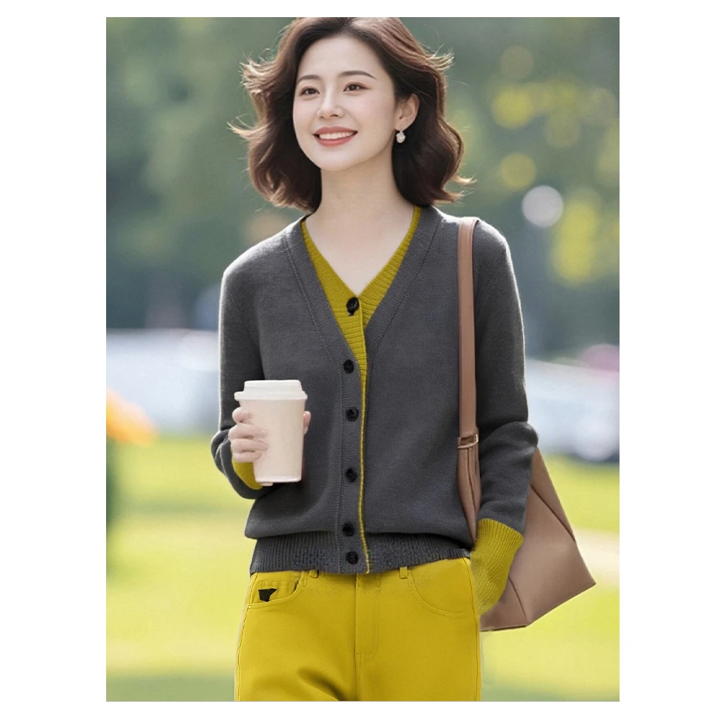 拼接韩版设计感上衣撞色假两件羊毛长袖外套针织开衫显瘦秋装时尚