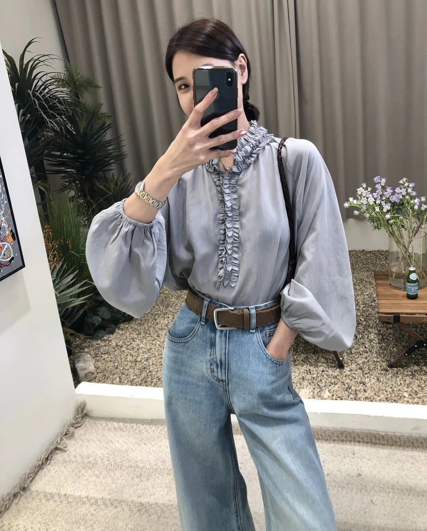 【晨雾花丛】—— 复古美学气质时尚夏季立体花边领透气灯笼袖衬衫女