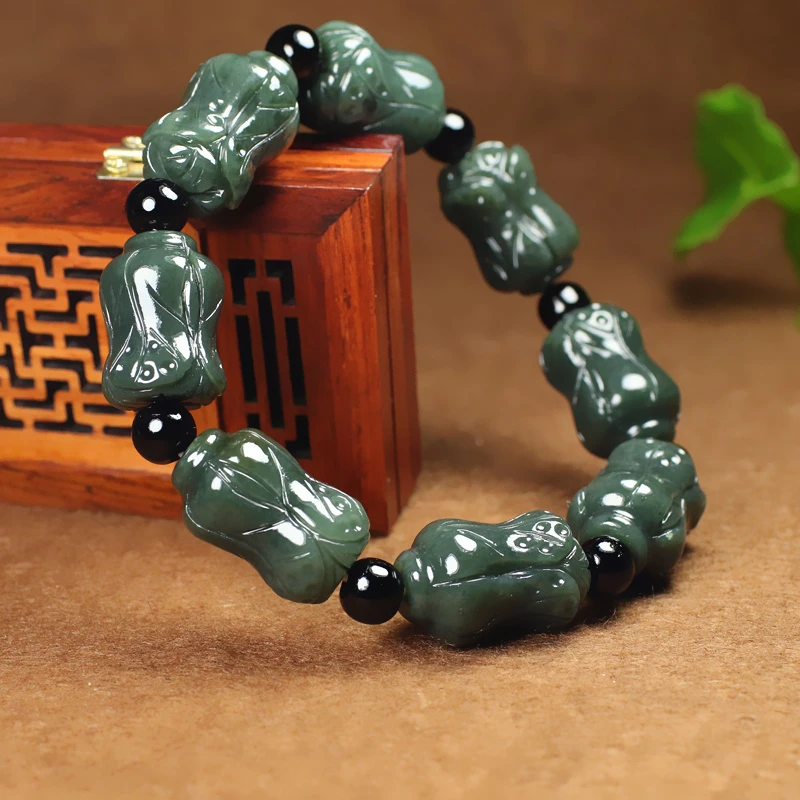 天然和田玉青玉白菜手链男九转乾坤墨玉手串女招财玉石串珠送男友