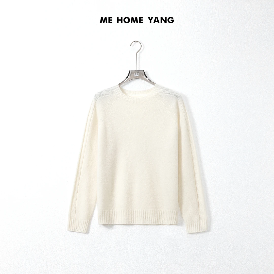 ME【小绵羊】100绵羊毛绞花圆领针织白色宽松时尚百搭毛衣MEQA2986