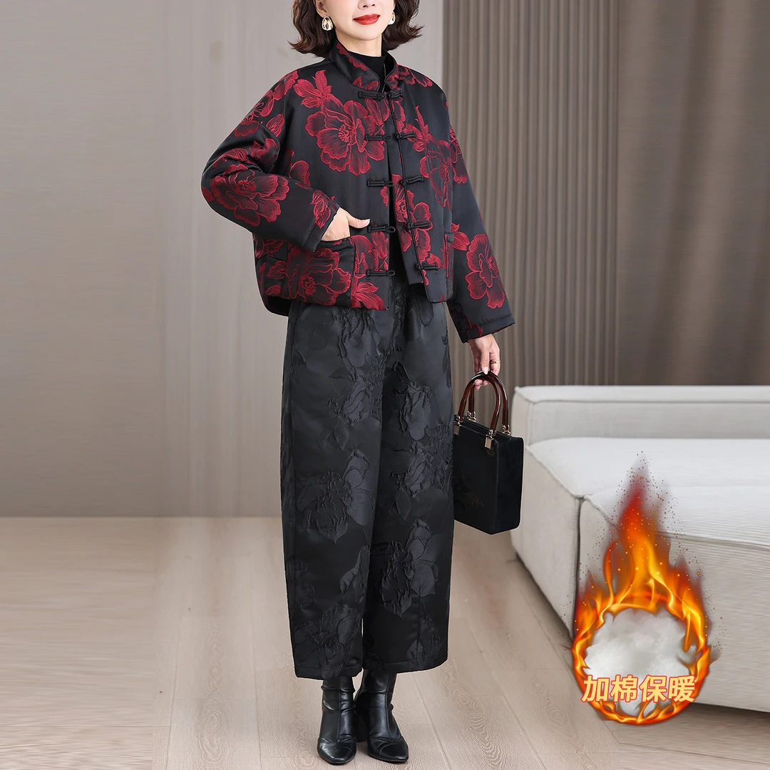 国风棉服妈妈短外套女冬装套装时尚百搭提花中老年保暖棉裤两件套