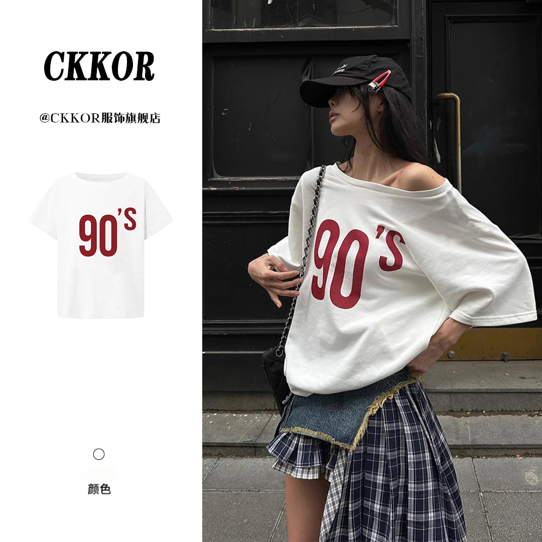 CKKOR夏季新款美式复古街头运动ins风穿搭一字露肩短袖T恤女上衣