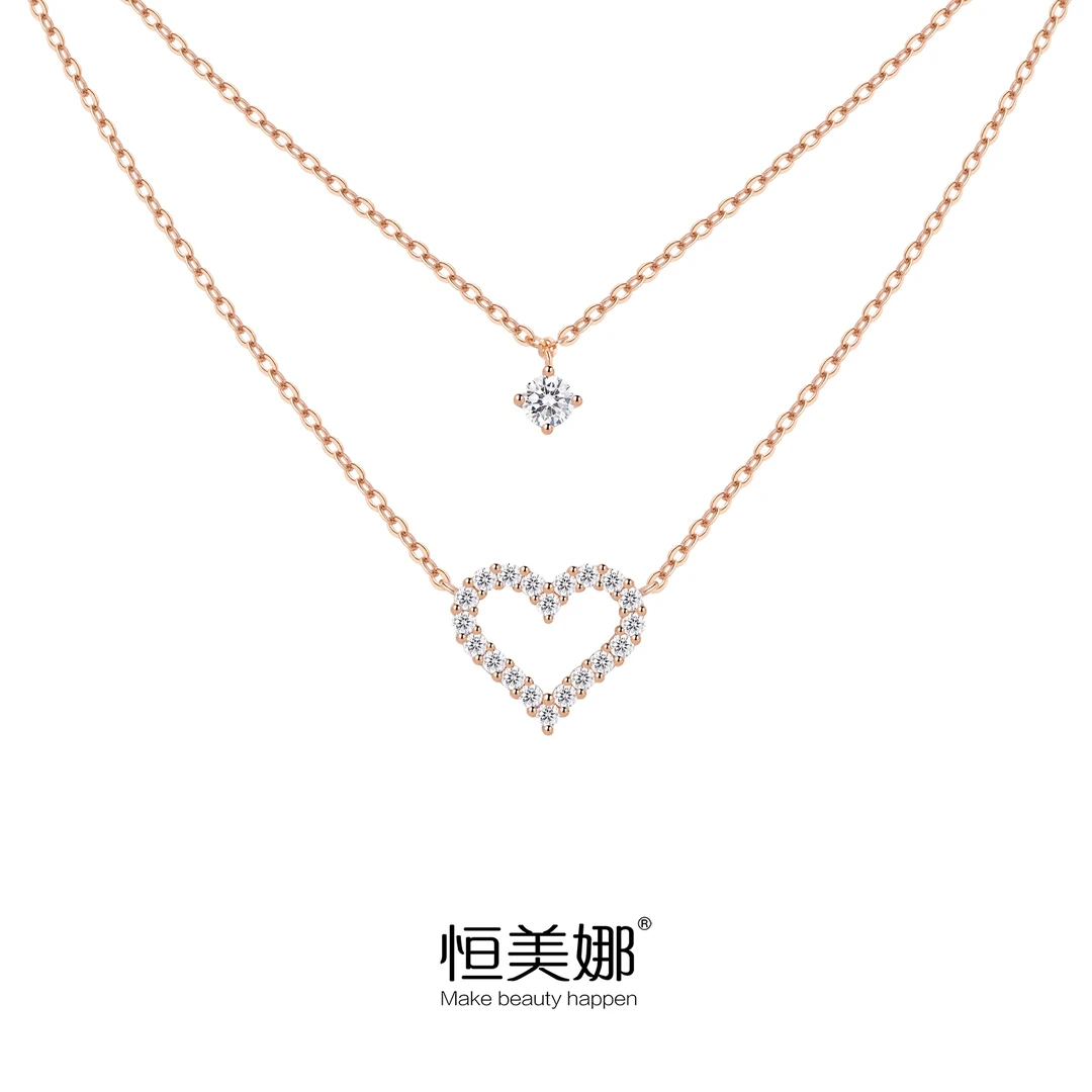 坠链均925银莫桑石 双层心动项链气质百搭简约镶嵌锁骨链