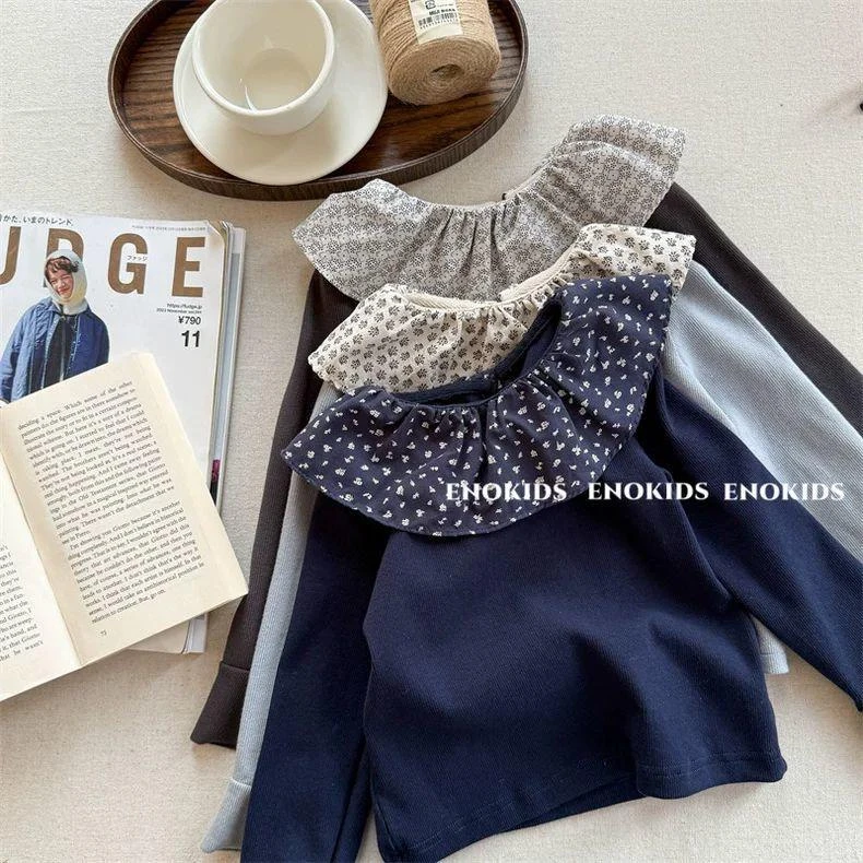 女童秋季碎花荷叶领长袖T恤女宝秋装韩版t打底衫洋气童装上衣0033