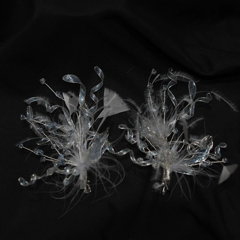 合金仿水晶婚庆饰品 新款浅蓝色森系羽毛边夹一对甜美手作