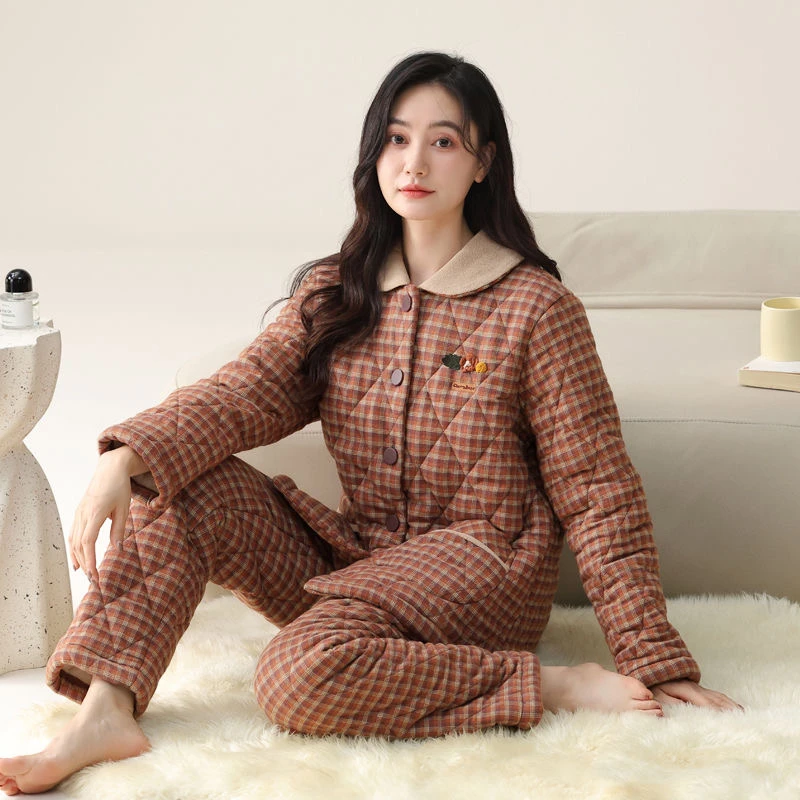 睡衣冬季珊瑚加厚加绒三层夹棉秋冬保暖法兰绒棉袄冬天家居服套装