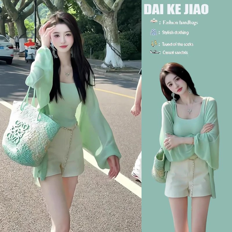 夏季流行穿搭一整套2025新款韩系慵懒风垂感开衫吊带短裤三件套装