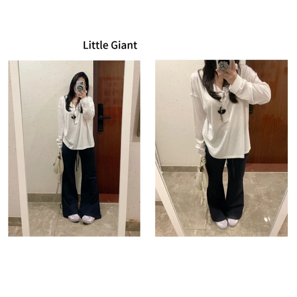 小个子防晒T恤竹节V领简约慵懒长袖上衣显瘦高腰松紧弹力喇叭裤