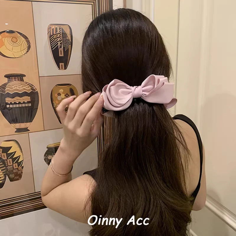 韩国双面粉色立体缎面蝴蝶结香蕉夹芭蕾风后脑勺马尾盘发竖夹头饰