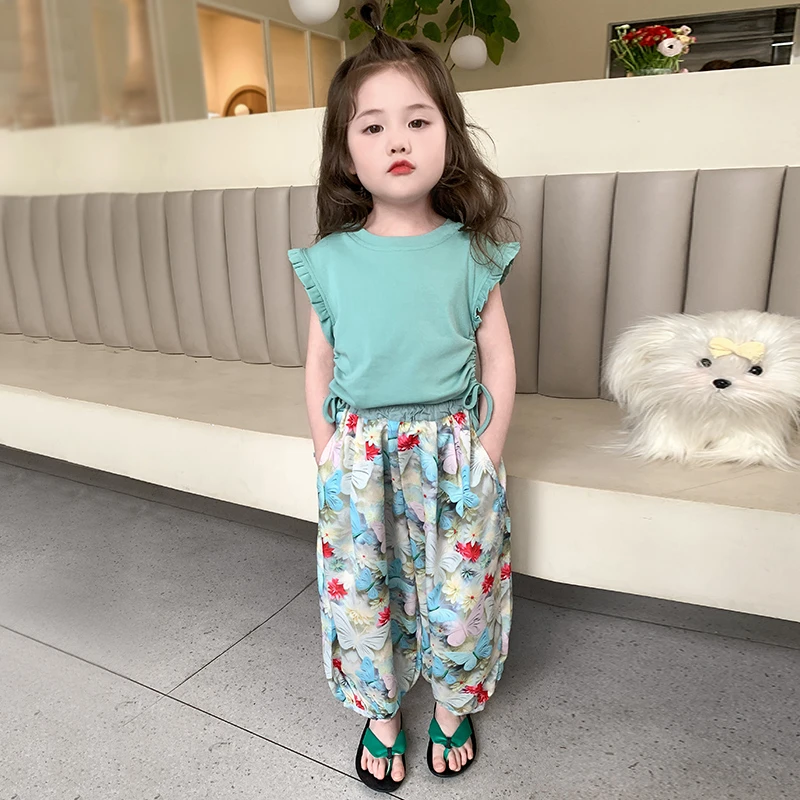 女童夏季洋气飞袖绿影套装小童背心童装防蚊裤时髦夏款休闲两件套